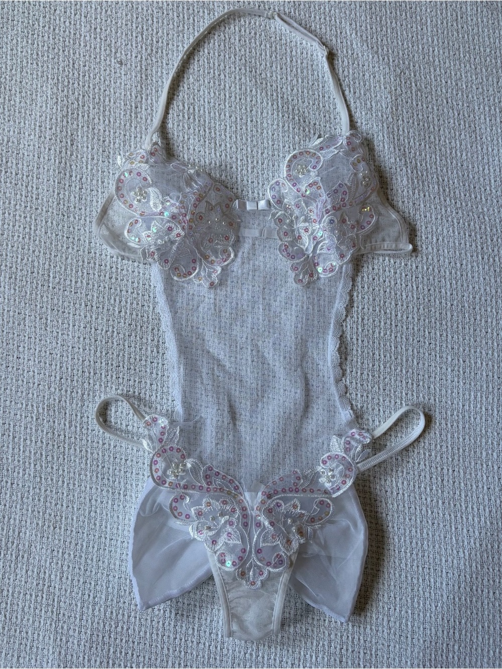 Shirley of Hollywood White Lace Sequin Pearl Bow Lingerie Bodysuit Size S/M